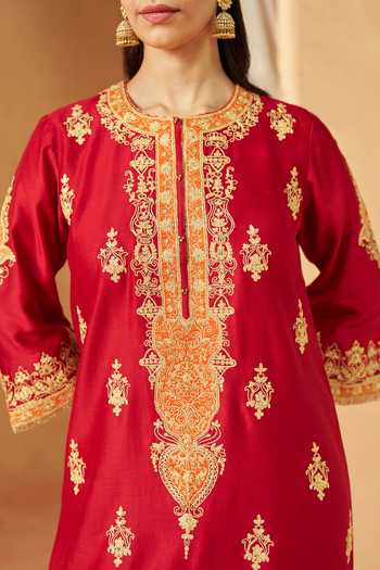 Buy Sheetal Batra Maroon Silk, Chanderi Round Neck, Yes Mubina Kashmiri Tilla Work Kurta Set Online at Aza Fashions Buy_Sheetal Batra_Maroon Silk, Chanderi Round Neck, Yes Mubina Kashmiri Tilla Work Kurta Set _Online_at_Aza_Fashions