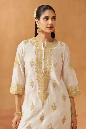 Sheetal Batra Ivory Silk, Chanderi Round Neck Mubina Embroidered Kurta Set Online at Aza Fashions Sheetal Batra_Ivory Silk, Chanderi Round Neck Mubina Embroidered Kurta Set _Online_at_Aza_Fashions