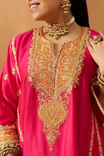 Sheetal Batra Pink Silk, Chanderi Split V-neck Maahgul Embroidered Kurta Set at Aza Fashions Sheetal Batra_Pink Silk, Chanderi Split V-neck Maahgul Embroidered Kurta Set _at_Aza_Fashions