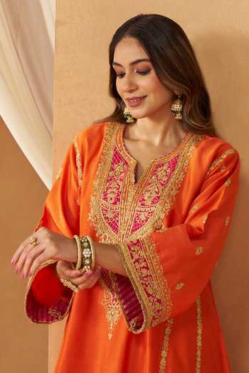 Sheetal Batra Orange Silk, Chanderi Split V-neck, Yes Maahgul Neckline Embroidered Kurta Set Online at Aza Fashions Sheetal Batra_Orange Silk, Chanderi Split V-neck, Yes Maahgul Neckline Embroidered Kurta Set _Online_at_Aza_Fashions