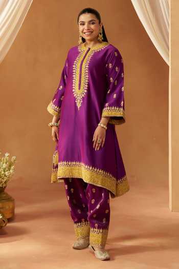 Sheetal Batra Purple Silk, Chanderi Round Neck, Yes Zeenal Embroidered Kurta Set Online at Aza Fashions Sheetal Batra_Purple Silk, Chanderi Round Neck, Yes Zeenal Embroidered Kurta Set _Online_at_Aza_Fashions
