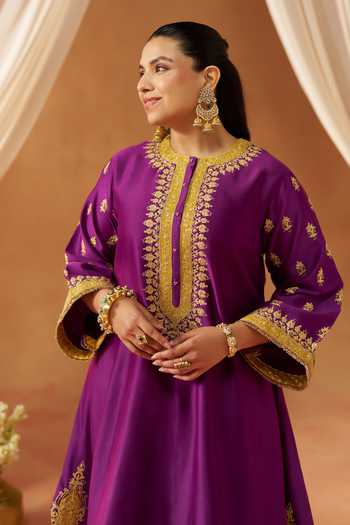 Shop Sheetal Batra Purple Silk, Chanderi Round Neck, Yes Zeenal Embroidered Kurta Set Online at Aza Fashions Shop_Sheetal Batra_Purple Silk, Chanderi Round Neck, Yes Zeenal Embroidered Kurta Set _Online_at_Aza_Fashions