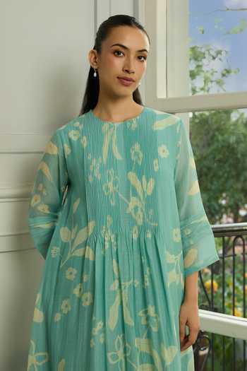 Shop Vaayu Blue Cotton, Muslin Round Neck Aqua Printed Kurta And Pant Co-ord Set Online at Aza Fashions Shop_Vaayu_Blue Cotton, Muslin Round Neck Aqua Printed Kurta And Pant Co-ord Set _Online_at_Aza_Fashions