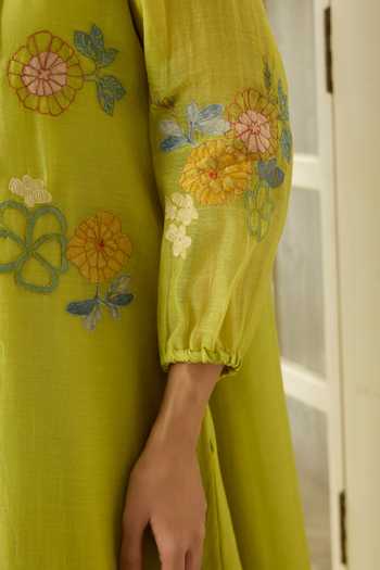 Vaayu Green Muslin, Cotton Round Neck Lime Pintucked Dress Online at Aza Fashions Vaayu_Green Muslin, Cotton Round Neck Lime Pintucked Dress _Online_at_Aza_Fashions