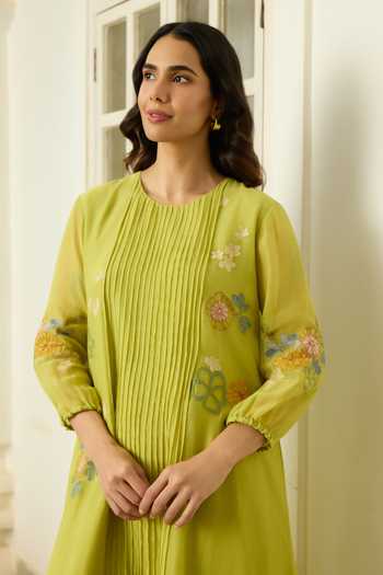 Buy Vaayu Green Muslin, Cotton Round Neck Lime Pintucked Dress Online at Aza Fashions Buy_Vaayu_Green Muslin, Cotton Round Neck Lime Pintucked Dress _Online_at_Aza_Fashions