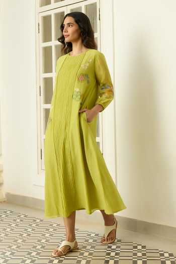 Shop Vaayu Green Muslin, Cotton Round Neck Lime Pintucked Dress Online at Aza Fashions Shop_Vaayu_Green Muslin, Cotton Round Neck Lime Pintucked Dress _Online_at_Aza_Fashions