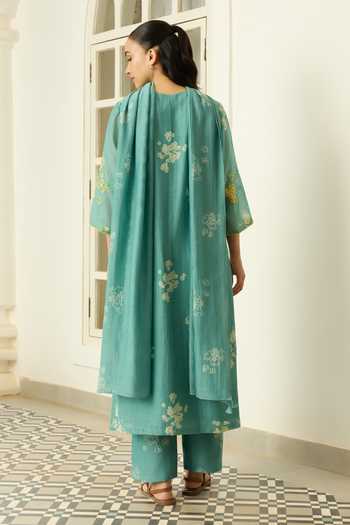 Vaayu Aqua Floral Print & Applique Kurta Set