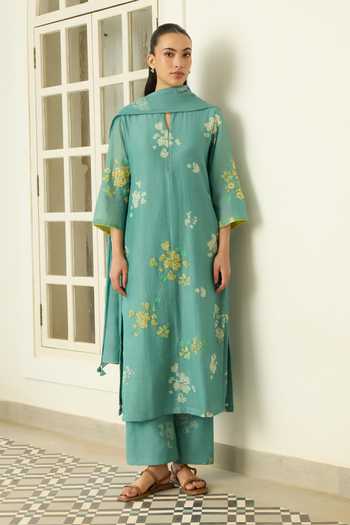 Vaayu Aqua Floral Print & Applique Kurta Set