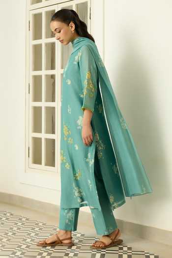 Vaayu Blue Cotton, Muslin Keyhole Neck Aqua Floral Print And Applique Kurta Set Online at Aza Fashions Vaayu_Blue Cotton, Muslin Keyhole Neck Aqua Floral Print And Applique Kurta Set _Online_at_Aza_Fashions