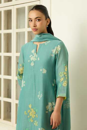 Buy Vaayu Blue Cotton, Muslin Keyhole Neck Aqua Floral Print And Applique Kurta Set Online at Aza Fashions Buy_Vaayu_Blue Cotton, Muslin Keyhole Neck Aqua Floral Print And Applique Kurta Set _Online_at_Aza_Fashions