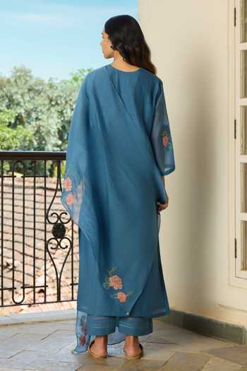 Vaayu Indigo Floral Applique Kurta Set