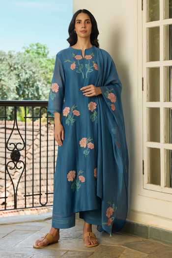 Vaayu Indigo Floral Applique Kurta Set
