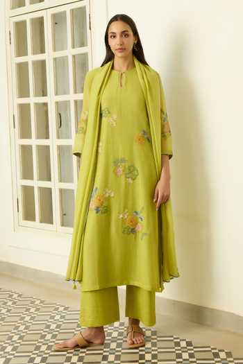 Vaayu Lime Applique Floral Kurta Set