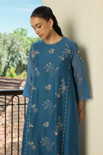 Buy Vaayu Blue Cotton, Muslin Round Neck, Yes Thread Embroidered Kurta And Pant Co-ord Set Online at Aza Fashions Buy_Vaayu_Blue Cotton, Muslin Round Neck, Yes Thread Embroidered Kurta And Pant Co-ord Set _Online_at_Aza_Fashions