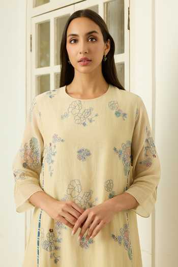 Vaayu Beige Cotton, Muslin Round Neck, Yes Ecru Embroidered Kurta And Pant Co-ord Set Online at Aza Fashions Vaayu_Beige Cotton, Muslin Round Neck, Yes Ecru Embroidered Kurta And Pant Co-ord Set _Online_at_Aza_Fashions