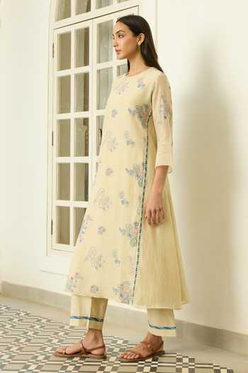 Buy Vaayu Beige Cotton, Muslin Round Neck, Yes Ecru Embroidered Kurta And Pant Co-ord Set Online at Aza Fashions Buy_Vaayu_Beige Cotton, Muslin Round Neck, Yes Ecru Embroidered Kurta And Pant Co-ord Set _Online_at_Aza_Fashions
