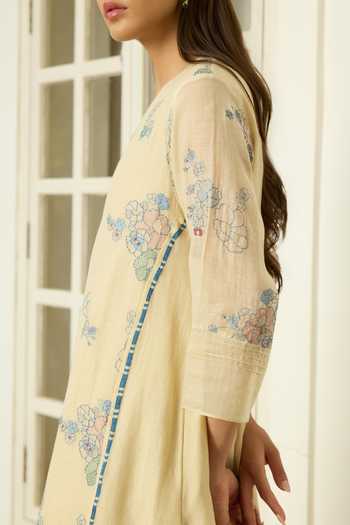 Shop Vaayu Beige Cotton, Muslin Round Neck, Yes Ecru Embroidered Kurta And Pant Co-ord Set Online at Aza Fashions Shop_Vaayu_Beige Cotton, Muslin Round Neck, Yes Ecru Embroidered Kurta And Pant Co-ord Set _Online_at_Aza_Fashions