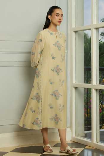 Vaayu Beige Cotton, Muslin Keyhole Neck Ecru Thread Embroidered Dress Online at Aza Fashions Vaayu_Beige Cotton, Muslin Keyhole Neck Ecru Thread Embroidered Dress _Online_at_Aza_Fashions