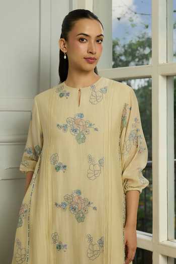 Buy Vaayu Beige Cotton, Muslin Keyhole Neck Ecru Thread Embroidered Dress Online at Aza Fashions Buy_Vaayu_Beige Cotton, Muslin Keyhole Neck Ecru Thread Embroidered Dress _Online_at_Aza_Fashions