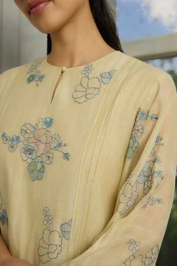 Shop Vaayu Beige Cotton, Muslin Keyhole Neck Ecru Thread Embroidered Dress Online at Aza Fashions Shop_Vaayu_Beige Cotton, Muslin Keyhole Neck Ecru Thread Embroidered Dress _Online_at_Aza_Fashions