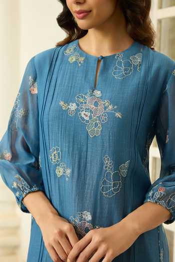 Vaayu Blue Cotton, Muslin Keyhole Neck Indigo Thread Embroidered Dress Online at Aza Fashions Vaayu_Blue Cotton, Muslin Keyhole Neck Indigo Thread Embroidered Dress _Online_at_Aza_Fashions