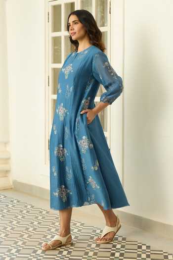Buy Vaayu Blue Cotton, Muslin Keyhole Neck Indigo Thread Embroidered Dress Online at Aza Fashions Buy_Vaayu_Blue Cotton, Muslin Keyhole Neck Indigo Thread Embroidered Dress _Online_at_Aza_Fashions