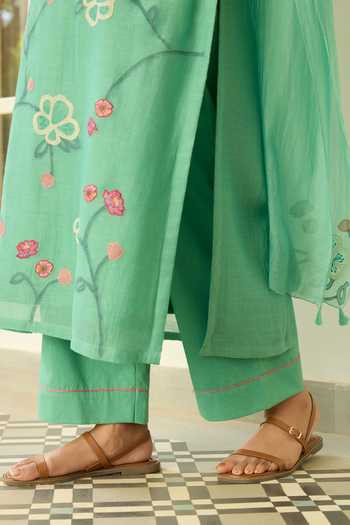 Shop Vaayu Green Cotton, Muslin Split V-neck Mint Floral Applique Kurta Set Online at Aza Fashions Shop_Vaayu_Green Cotton, Muslin Split V-neck Mint Floral Applique Kurta Set _Online_at_Aza_Fashions