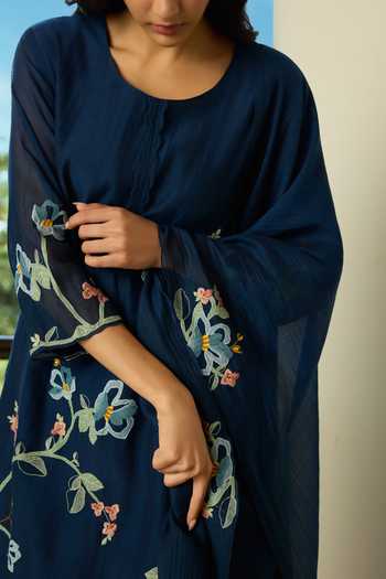 Vaayu Blue Cotton, Muslin Round Neck Midnight Floral Applique Kurta Set Online at Aza Fashions Vaayu_Blue Cotton, Muslin Round Neck Midnight Floral Applique Kurta Set _Online_at_Aza_Fashions