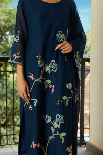 Buy Vaayu Blue Cotton, Muslin Round Neck Midnight Floral Applique Kurta Set Online at Aza Fashions Buy_Vaayu_Blue Cotton, Muslin Round Neck Midnight Floral Applique Kurta Set _Online_at_Aza_Fashions