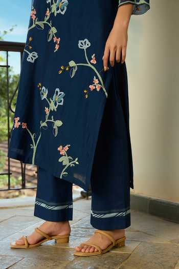 Vaayu Blue Cotton, Muslin Round Neck Midnight Floral Applique Kurta Set at Aza Fashions Vaayu_Blue Cotton, Muslin Round Neck Midnight Floral Applique Kurta Set _at_Aza_Fashions