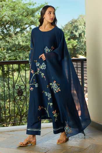 Vaayu Midnight Blue Floral Applique Kurta Set