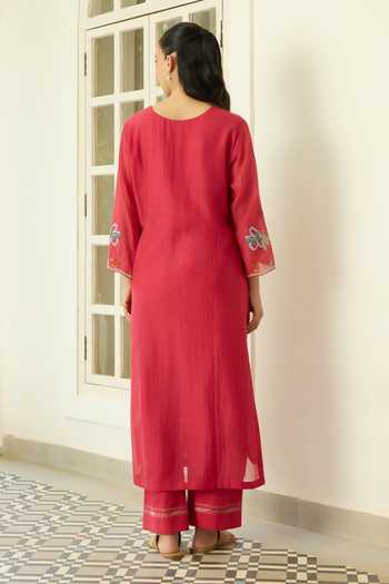 Vaayu Scarlet Floral Applique Kurta Set