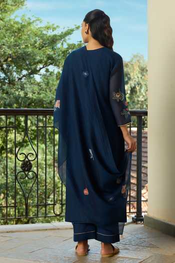 Vaayu Midnight Blue Floral Applique Kurta Set