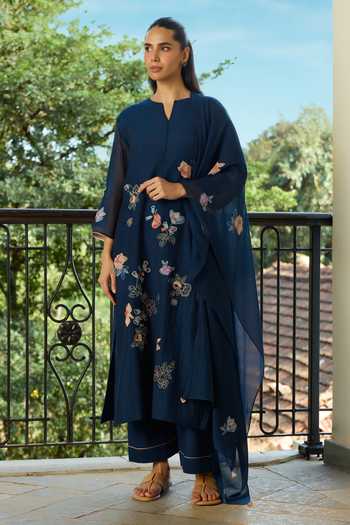 Vaayu Midnight Blue Floral Applique Kurta Set