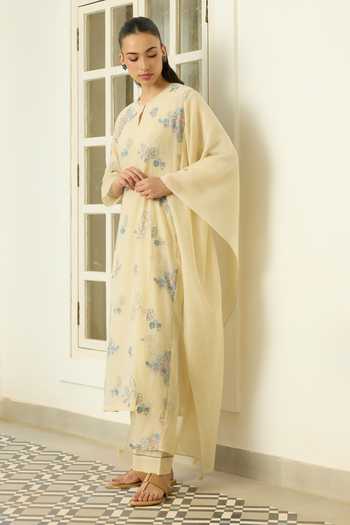 Vaayu_Beige Cotton, Muslin Round Neck Ecru Thread Embroidered Kurta Set _Online_at_Aza_Fashions