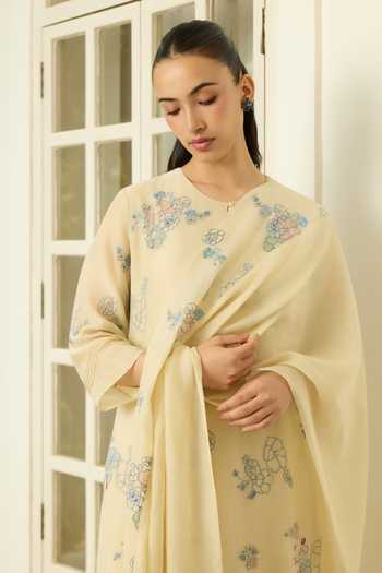 Buy_Vaayu_Beige Cotton, Muslin Round Neck Ecru Thread Embroidered Kurta Set _Online_at_Aza_Fashions