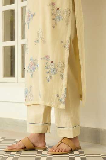 Shop_Vaayu_Beige Cotton, Muslin Round Neck Ecru Thread Embroidered Kurta Set _Online_at_Aza_Fashions