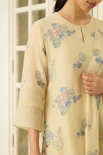 Vaayu_Beige Cotton, Muslin Round Neck Ecru Thread Embroidered Kurta Set _at_Aza_Fashions