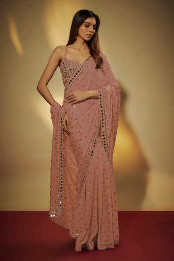 Vana Ethnics Mirror Embroidered Pre-Draped Saree With Blouse 