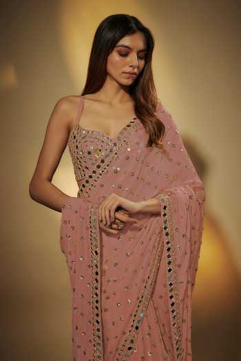 Buy_Vana Ethnics_Pink Chinon, Crepe Sweetheart Mirror Embroidered Pre-draped Saree With Blouse _Online_at_Aza_Fashions