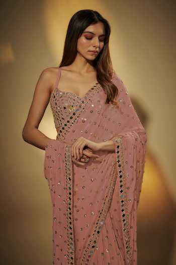 Shop_Vana Ethnics_Pink Chinon, Crepe Sweetheart Mirror Embroidered Pre-draped Saree With Blouse _Online_at_Aza_Fashions