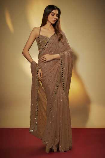 Vana Ethnics Mirror Embroidered Pre-Draped Saree & Blouse Set 