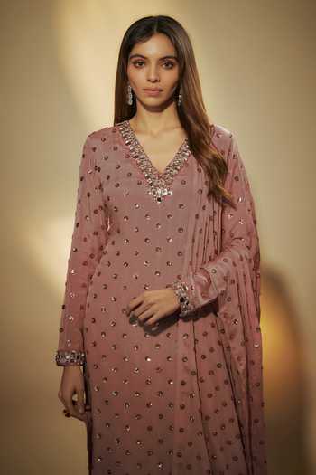 Vana Ethnics Purple Chinon V-neck Embroidered Kurta Set Online at Aza Fashions Vana Ethnics_Purple Chinon V-neck Embroidered Kurta Set _Online_at_Aza_Fashions