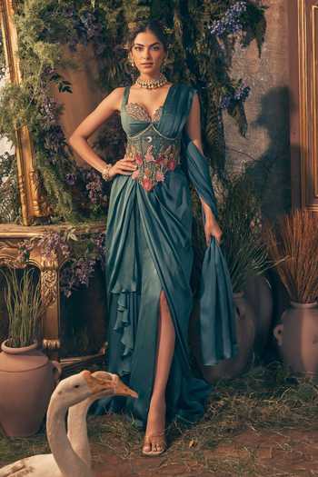 Buy Label Ankush Jain Blue Organza, Satin Sweetheart Neck Teal Draped Saree Set at Aza Fashions Buy_Label Ankush Jain_Blue Organza, Satin Sweetheart Neck Teal Draped Saree Set _at_Aza_Fashions
