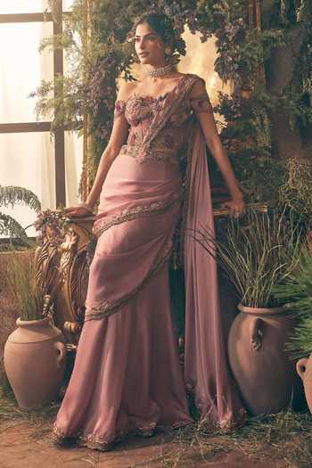 Label Ankush Jain Off Shoulder Blouse & Draped Saree Set 