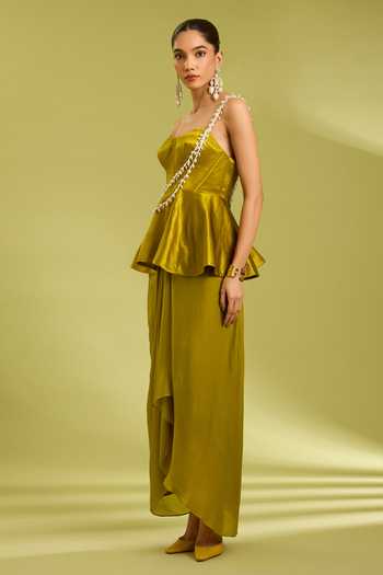 Shop Ewoke Olive Green Georgette, Satin Embellished Peplum Corset And Draped Skirt Set Online at Aza Fashions Shop_Ewoke_Olive Green Georgette, Satin Embellished Peplum Corset And Draped Skirt Set _Online_at_Aza_Fashions