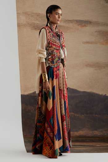 Shop Aseem Kapoor Multi Color Twill, Silk, Crepe Zuri Embroidered Gilet And Skirt Set Online at Aza Fashions Shop_Aseem Kapoor_Multi Color Twill, Silk, Crepe Zuri Embroidered Gilet And Skirt Set _Online_at_Aza_Fashions