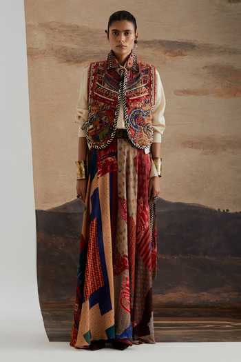 Aseem Kapoor Multi Color Twill, Silk, Crepe Zuri Embroidered Gilet And Skirt Set at Aza Fashions Aseem Kapoor_Multi Color Twill, Silk, Crepe Zuri Embroidered Gilet And Skirt Set _at_Aza_Fashions