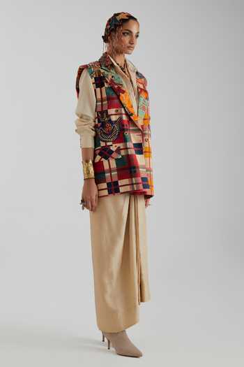 Aseem Kapoor_Multicolor Cotton, Linen Collared Neck Noori Double Breasted Vest _Online_at_Aza_Fashions