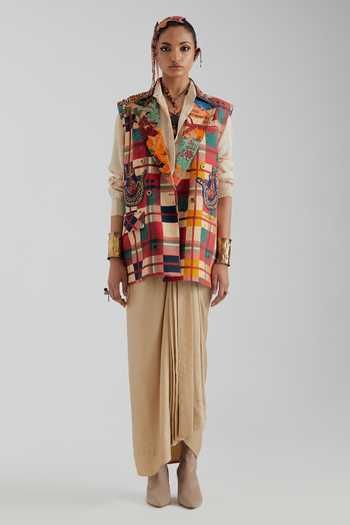 Buy_Aseem Kapoor_Multicolor Cotton, Linen Collared Neck Noori Double Breasted Vest _Online_at_Aza_Fashions